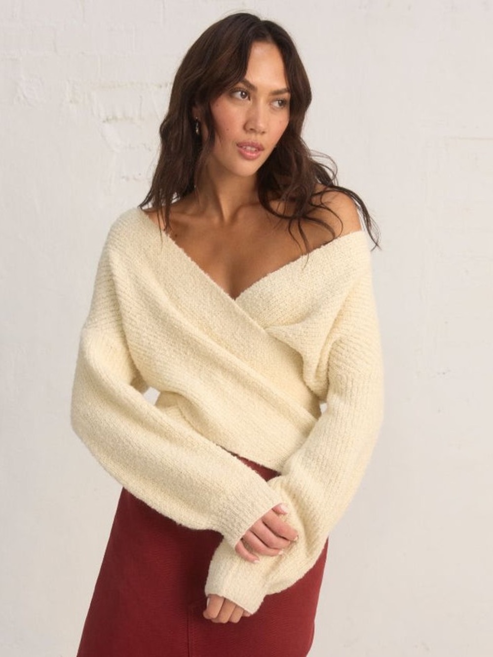 Mon Renn Cream Eventide Knit Jumper Sweater V-neck Balloon Sleeve Medium Wool